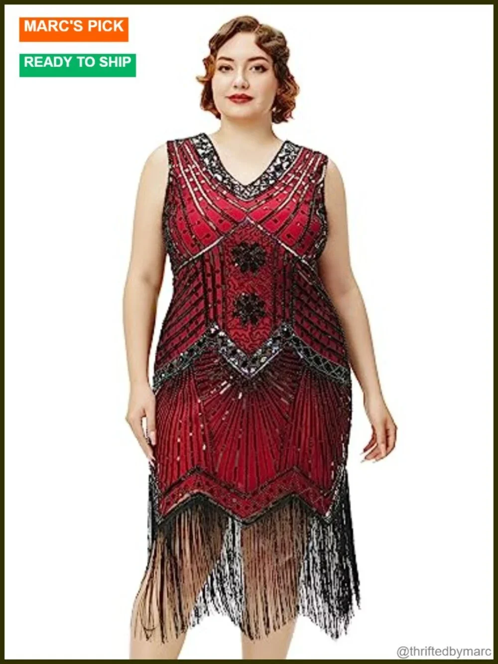 Plus Size 1920s Flapper Dress with Fringe, Sequin, V-Neck, Zipper